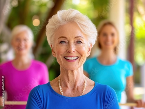 Active Aging A dynamic gym scene with older adults using balance boards and smiling confidently Improve balance, strength, and coordination with senior fitness classes Discover the joy of movement photo