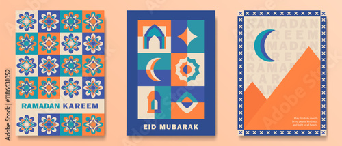 Set of trendy Ramadan Kareem greeting cards with retro colors of blue, teal, orange, beige. Posters with crescent moon, Islamic geometric patterns, mosque arch, Arabic lantern, "Eid Mubarak" greetings