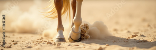 Hooves Of A Walking Horse Kick Up Sand Clouds As It Traverses A Sandy Terrain In Shallow Depth Of Field. 00001 photo