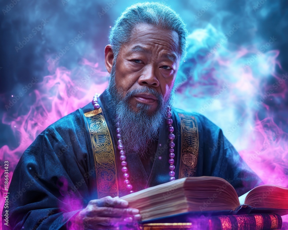 An elder, surrounded by ancient books and mystical scrolls, imparts profound wisdom in a heartfelt teaching moment a master of knowledge sharing his life's learnings through storytelling and