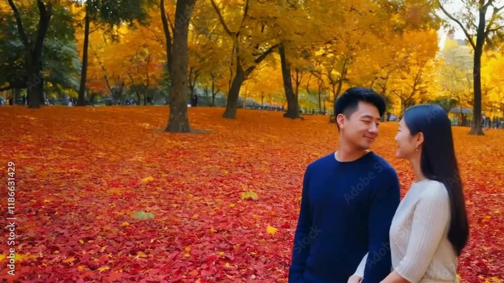Couple in Love Amidst Vibrant Autumn Leaves in Park Couple in Love Amidst Vibrant Autumn Leaves in Park