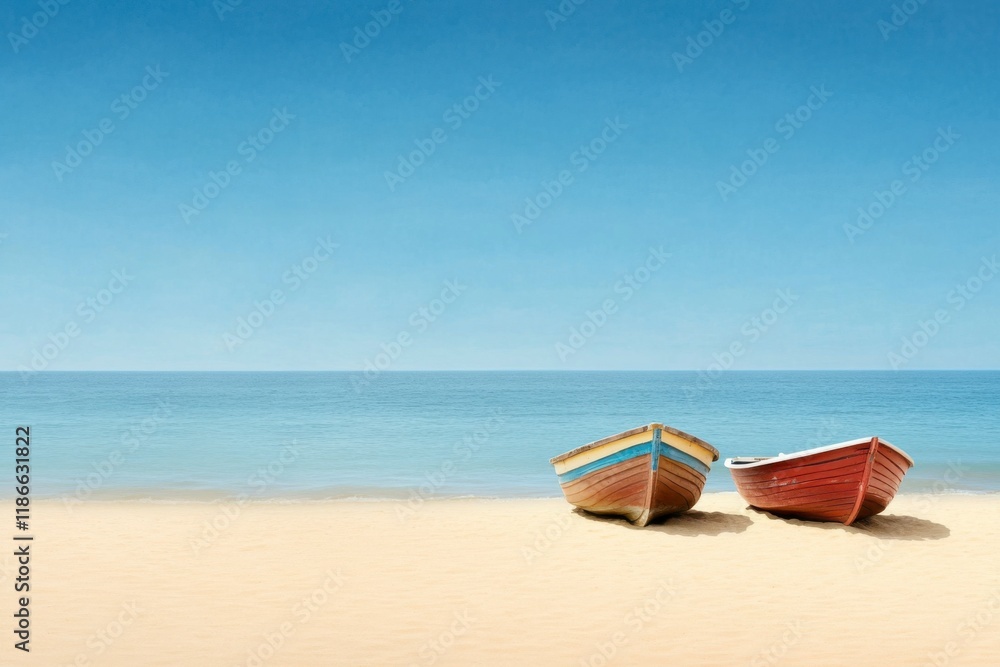 Tranquil Beach Scene: Two weathered wooden fishing boats rest peacefully on a pristine sandy beach, under a vibrant blue sky. The scene evokes serenity and a sense of calm. Tranquil Beach Scene: Two weathered wooden fishing boats rest peacefully on a pristine sandy beach, under a vibrant blue sky. The scene evokes serenity and a sense of calm.