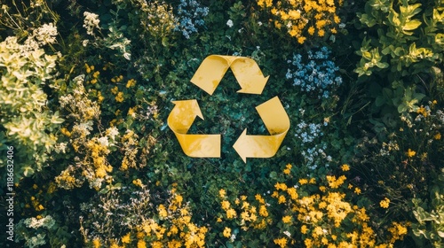 Recycle & Rebloom: A golden recycle symbol set against a vibrant backdrop of wildflowers, blooming with life and symbolizing sustainability, regeneration, and a commitment to a greener future.  photo