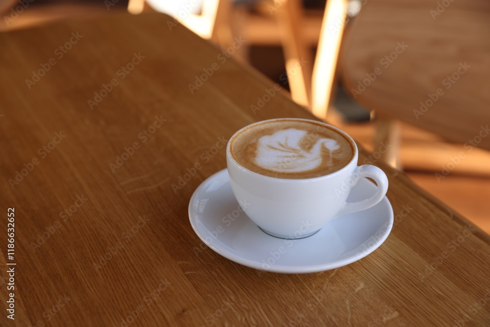 Obraz premium Cup of aromatic coffee on wooden table in cafe, closeup. Space for text