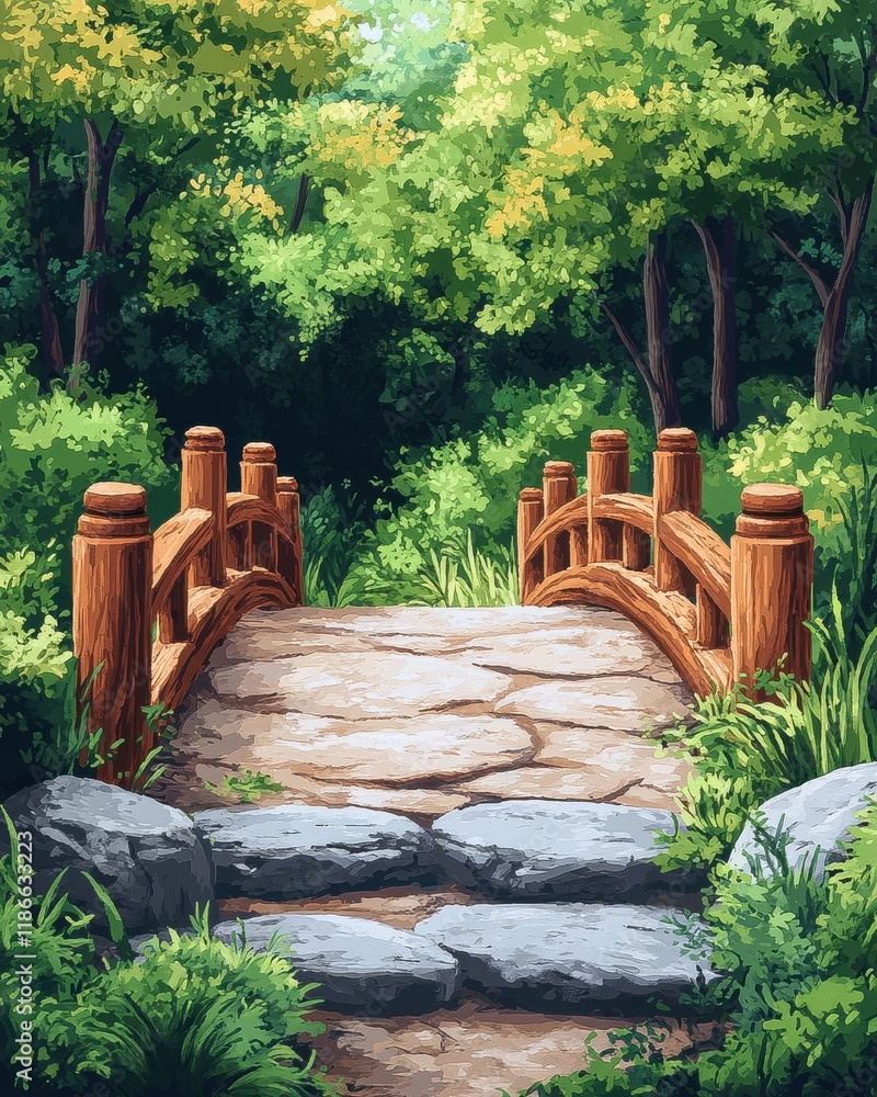 Obraz premium [Nature Retreats Sustainable Outdoor Rejuvenating] Serene Wooden Bridge Over Gentle Stream in Peaceful Woodland Scene