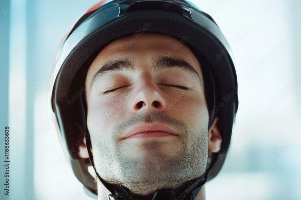 A person wearing a helmet with their eyes shut, possibly indicating meditation or contemplation A person wearing a helmet with their eyes shut, possibly indicating meditation or contemplation