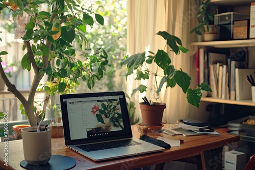 Wallpaper Mural A cozy home office setup with a laptop, coffee cup, and a plant Torontodigital.ca