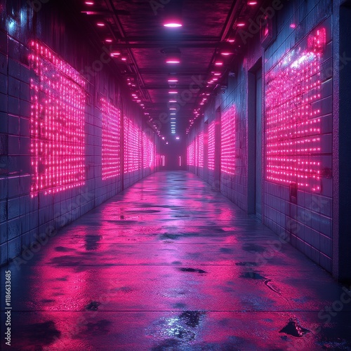 [Pink LEDlit long hallway interior] Pink LED Light Pathway in Industrial Corridor photo