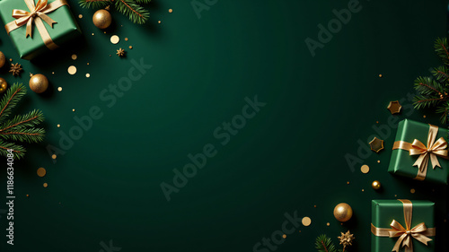 A festive green background featuring beautifully wrapped gifts, ornaments, and pine branches. photo