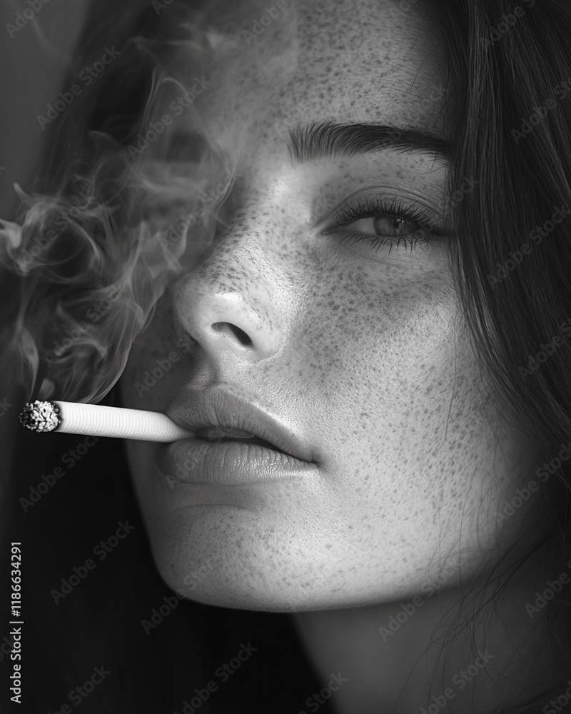 Obraz premium Stunning close-up of a young woman with freckles smoking a cigarette while contemplating indoors in soft light
