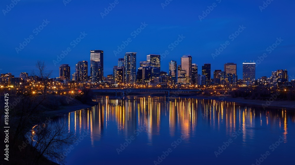Fototapeta premium A breathtaking cityscape at dusk, skyscrapers glowing with warm golden lights, crisp reflections on a calm river, and a deep, clear blue sky.