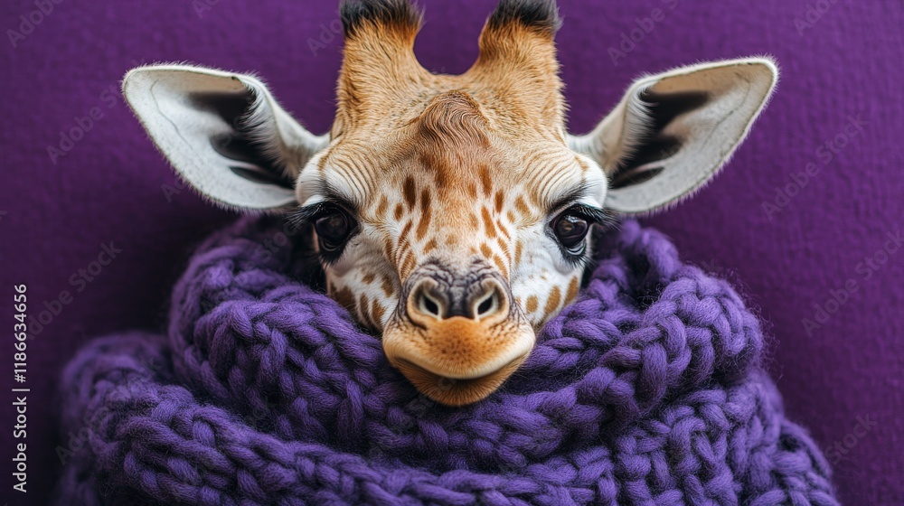 Obraz premium Adorable baby giraffe snuggled in a cozy purple knitted scarf against a rich purple background. Perfect for winter or autumn themes.