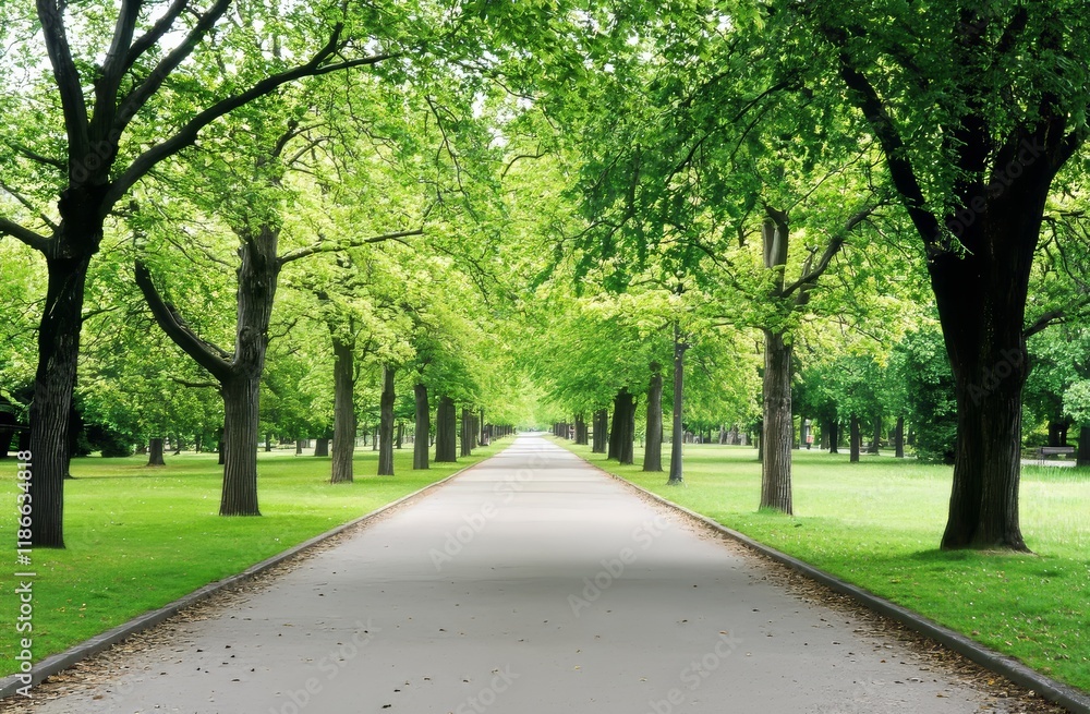 A serene morning scene in a park features green trees and abundant foliage, merging into a vibrant, abstract nature background A serene morning scene in a park features green trees and abundant foliage, merging into a vibrant, abstract nature background