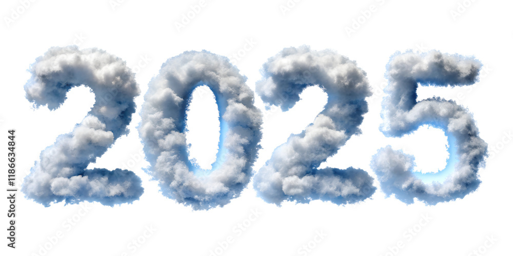 Naklejka premium blue sky with clouds new happy new year 2025 text effect isolated on white background