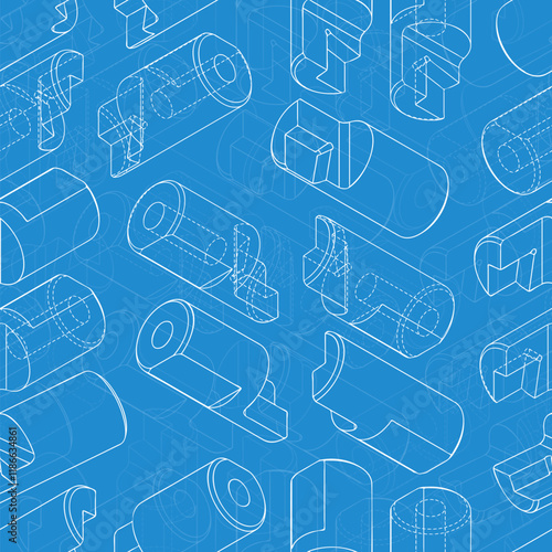Mechanical engineering drawings on blue background. Cutter, assembly tool with replaceable multi-faceted plate. Technical Design. Cover. Blueprint. Vector illustration.