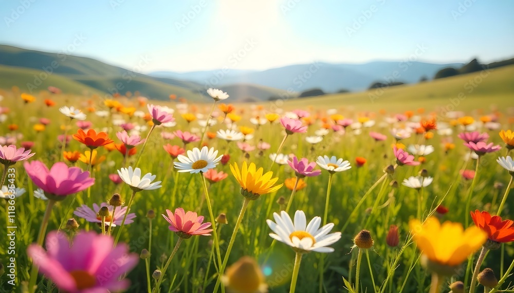 A warm, sunlit meadow filled with wildflowers in various colors A warm, sunlit meadow filled with wildflowers in various colors