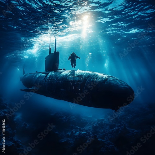 Underwater submarine in tranquil deep-sea waters photo