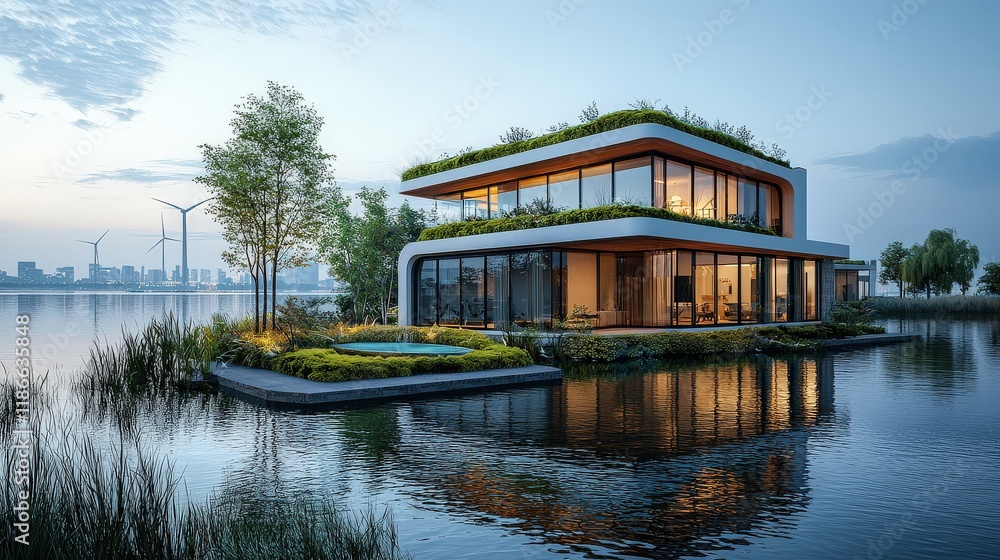 Obraz premium A city under development with green roofs, wind turbines, and water-efficient technologies, illustrating the implementation of innovative green engineering projects.