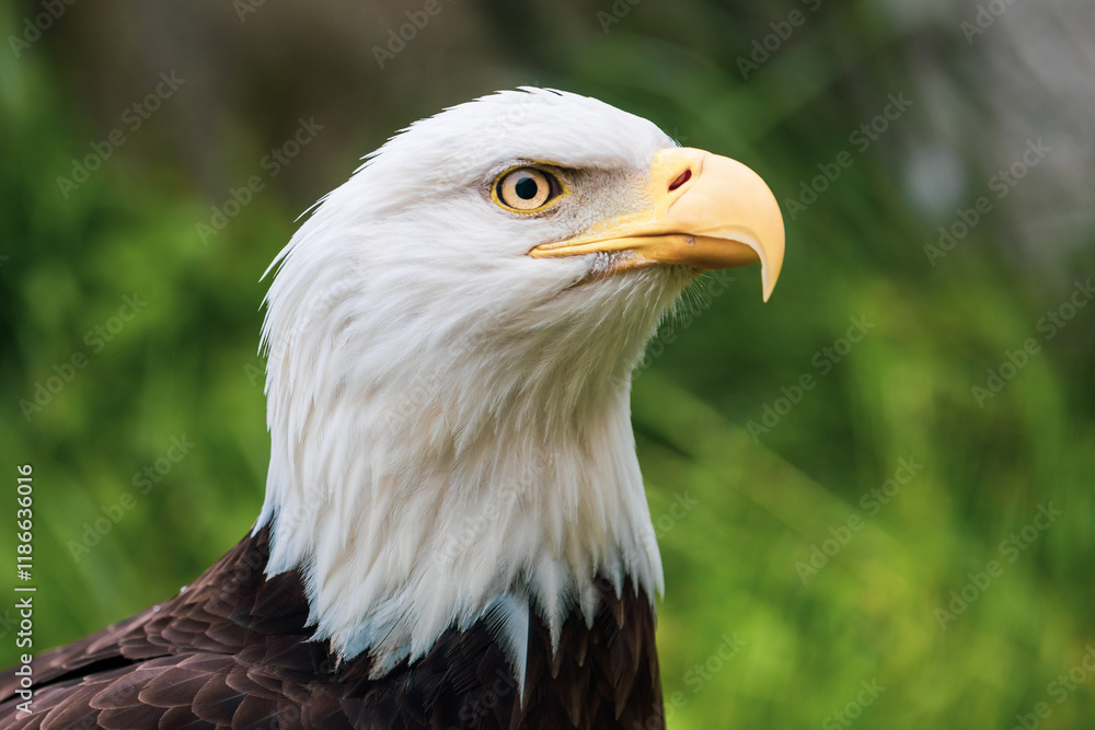 Close-Up Portrait of a Majestic Bald Eagle with Intense Gaze and Vibrant Feathers Close-Up Portrait of a Majestic Bald Eagle with Intense Gaze and Vibrant Feathers