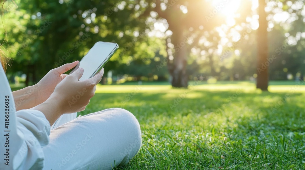 Moment of Connection: A woman sits on a vibrant green lawn, surrounded by the tranquil beauty of a summery park. The golden sunlight filters through the trees as she gently scrolls on her phone. Moment of Connection: A woman sits on a vibrant green lawn, surrounded by the tranquil beauty of a summery park. The golden sunlight filters through the trees as she gently scrolls on her phone.