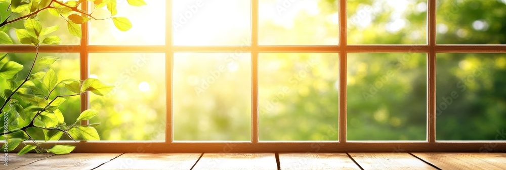 Sunny Spring Morning Window View, Green Foliage, and Wood Table with Natural Sunlight, Copy Space Sunny Spring Morning Window View, Green Foliage, and Wood Table with Natural Sunlight, Copy Space