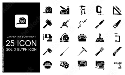 Carpentry Equipment Element Solid Glyph Icon vector illustration bundle. Solid Black Glyph icon Package.