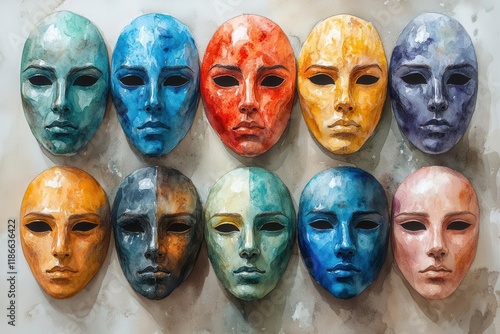 vibrant watercolor collection of ancient greek drama masks depicting various emotions from joy to sorrow, hand-painted theater face expressions photo