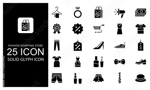 Fashion Shopping Store Element Solid Glyph Icon vector illustration bundle. Solid Black Glyph icon Package.