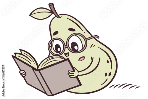 A pear wearing glasses and reading a book as a mascot logo