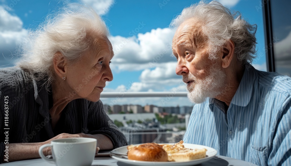 Joyful Senior Couple Enjoying a Healthy Breakfast on Sunny Terrace Embracing Active Aging, Wellness, and Retirement Lifestyle A Picture of Happiness, Vitality, and Strong Relationships in Old Age Joyful Senior Couple Enjoying a Healthy Breakfast on Sunny Terrace Embracing Active Aging, Wellness, and Retirement Lifestyle A Picture of Happiness, Vitality, and Strong Relationships in Old Age