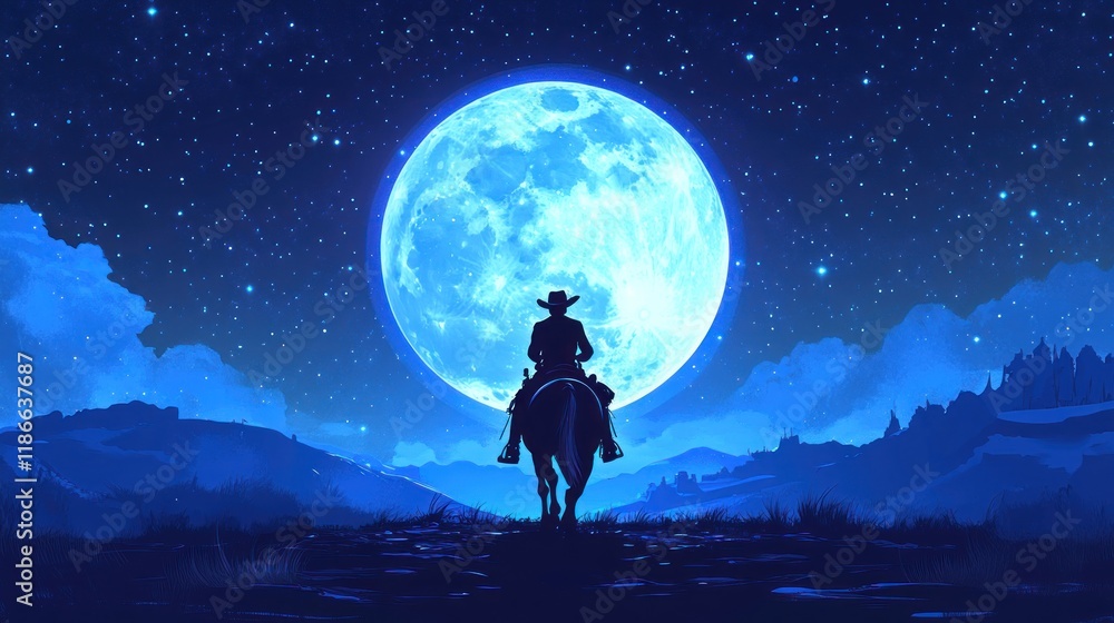 Lone cowboy riding at night under a large blue moon. Lone cowboy riding at night under a large blue moon.