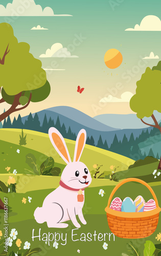 easter bunny with easter eggs happy eastern text greeting card vector graphic design art