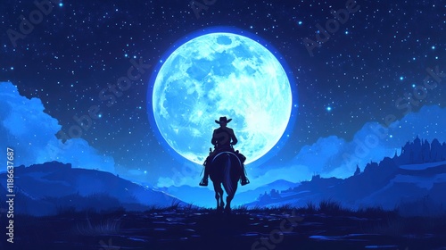 Lone cowboy riding at night under a large blue moon.