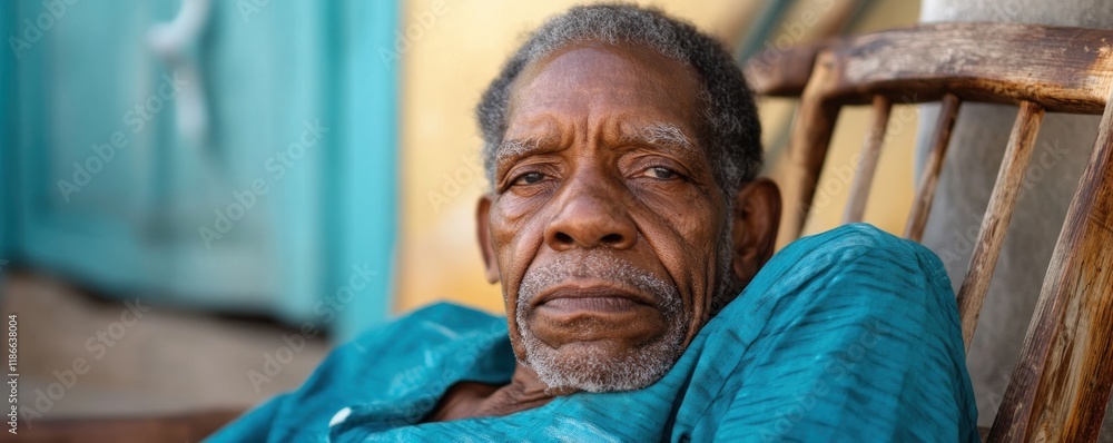 Naklejka premium Portrait of an Elderly Man A Timeless Image of Wisdom and Peace An elder man with a kind face, seated in a rustic chair, his eyes reflecting timeless wisdom and peacefulness This evocative photograph