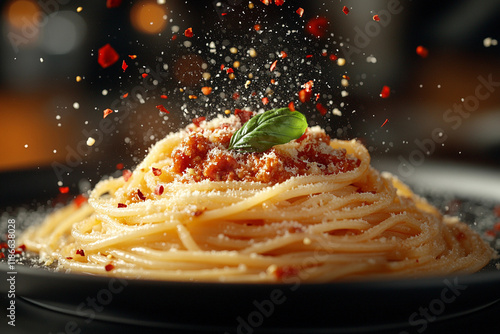 Spaghetti Bolognese with Flying Ingredients and Burst of Flavor photo