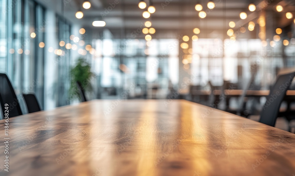 Modern office interior with a wooden table for product presentation. Blurred bokeh lights create a professional atmosphere. Ideal for business or workspace mockups Modern office interior with a wooden table for product presentation. Blurred bokeh lights create a professional atmosphere. Ideal for business or workspace mockups