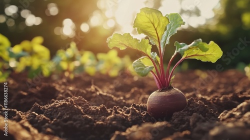 Young Beetroot Sprout: A vibrant young beetroot plant emerges from rich dark soil, its deep red root visible, bathed in the warm golden light of the setting sun.  The scene evokes a sense of growth. photo