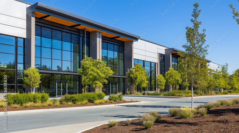 Contemporary office building with glass facade, clean lines, and sustainable landscaping, set in a modern business district with green spaces and open outdoor areas. Contemporary office building with glass facade, clean lines, and sustainable landscaping, set in a modern business district with green spaces and open outdoor areas.
