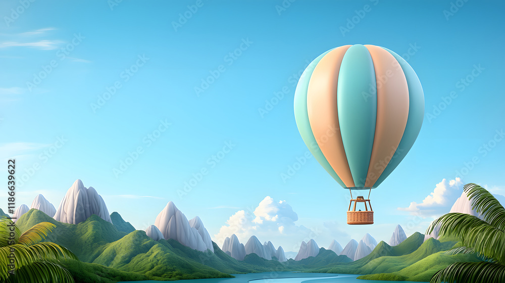 Obraz premium vibrant scene of hot air balloon floating over lush green mountains and serene river, capturing beauty of nature and adventure in sky
