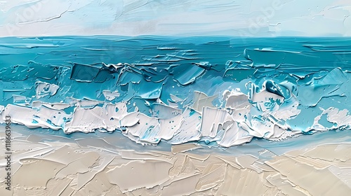 Abstract Ocean Waves Painting with Textured Turquoise and White Tones on Sandy Beach