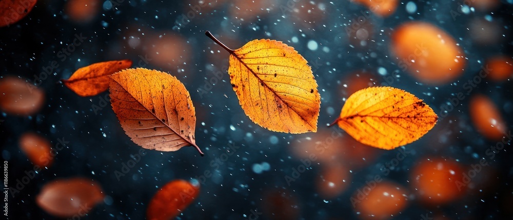 Floating autumn leaves against a blurred, atmospheric background. Floating autumn leaves against a blurred, atmospheric background.