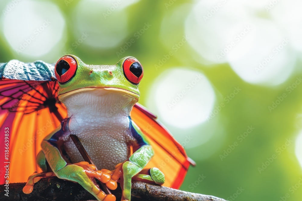 Naklejka premium Adorable red-eyed tree frog under a tiny umbrella, perched on a branch in a lush green rainforest setting.