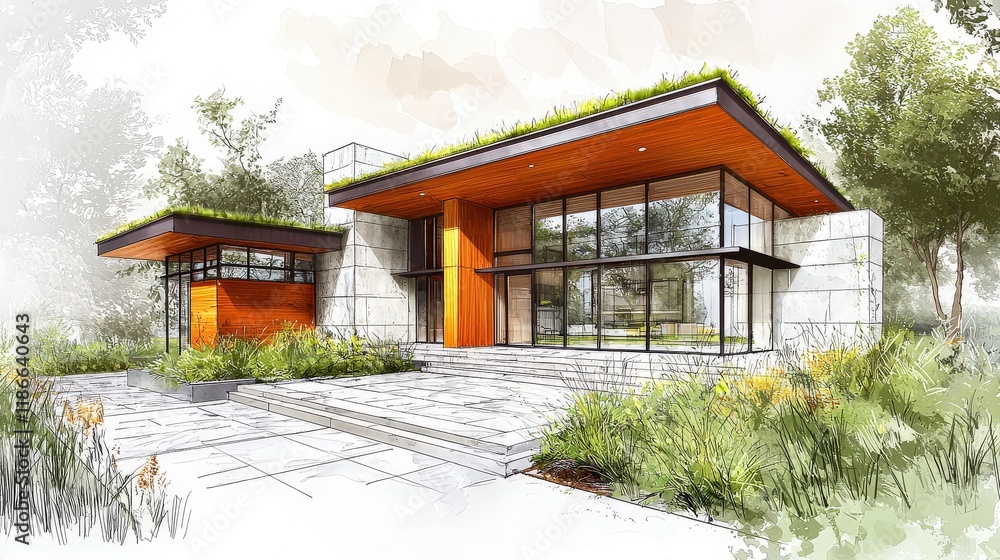 A detailed sketch of a modern sustainable home featuring a green roof, energy-efficient windows, and a green facade, designed to blend seamlessly with nature and minimize environmental impact. A detailed sketch of a modern sustainable home featuring a green roof, energy-efficient windows, and a green facade, designed to blend seamlessly with nature and minimize environmental impact.