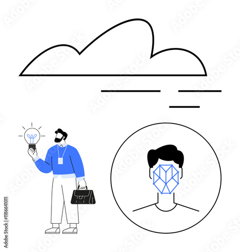 Businessman holding light bulb representing ideas and innovation. Stylized cloud for digital technology. Facial recognition icon suggests AI and security. Ideal for technology, AI, innovation