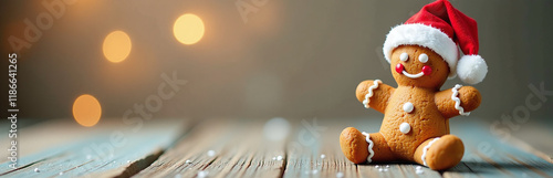 Wallpaper Mural Gingerbread Man In A Red Santa Hat Sits On A Blurred Light Background Banner With Festive Christmas Theme And Copy Space. 00001 Torontodigital.ca