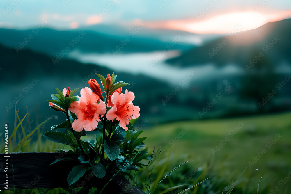 Obraz premium A beautiful pink flower is in the foreground of a lush green field