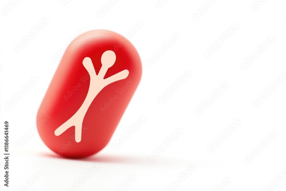 A bright red object features a distinctive white design A bright red object features a distinctive white design