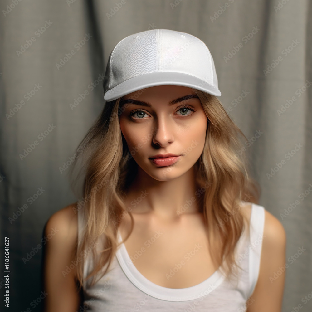 Close up of Female model wearing a white blank baseball cap White cap mockup Close up of Female model wearing a white blank baseball cap White cap mockup