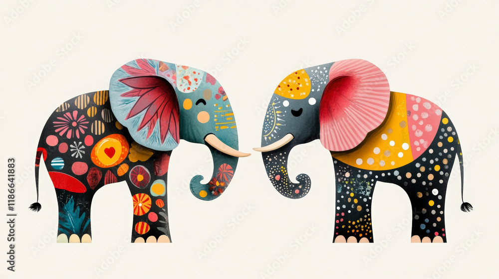 Obraz premium Colorful artistic elephants illustration showcasing vibrant patterns and intricate designs, perfect for enhancing your decor and art collections.