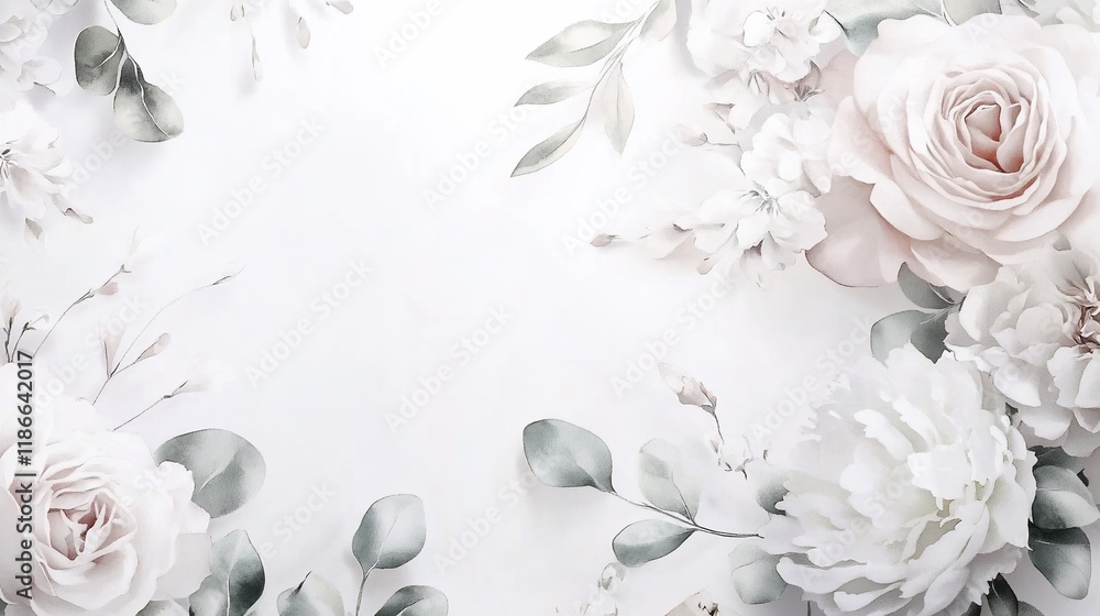 Elegant floral frame with blush pink and white roses, peonies, eucalyptus leaves on white background. Elegant floral frame with blush pink and white roses, peonies, eucalyptus leaves on white background.
